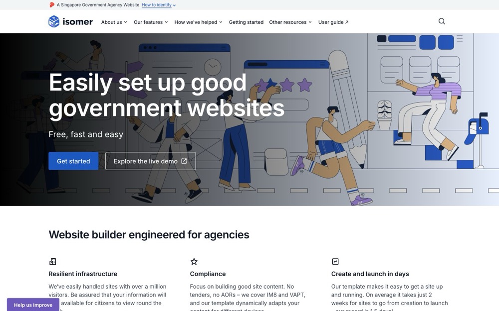 Isomer homepage: 'Easily set up good government websites — free, fast and easy.'